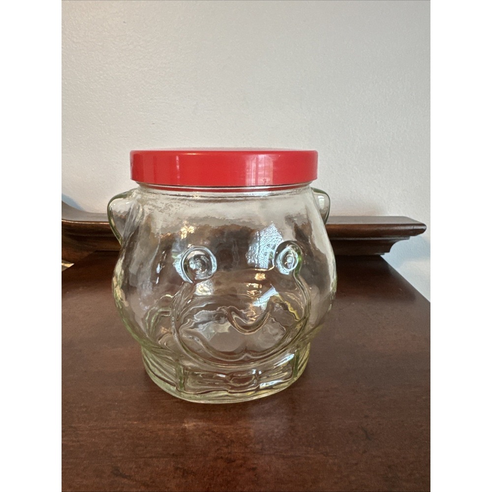 1989 - 5.5" Kraft Clear Glass Bear Coin Bank Red Lid